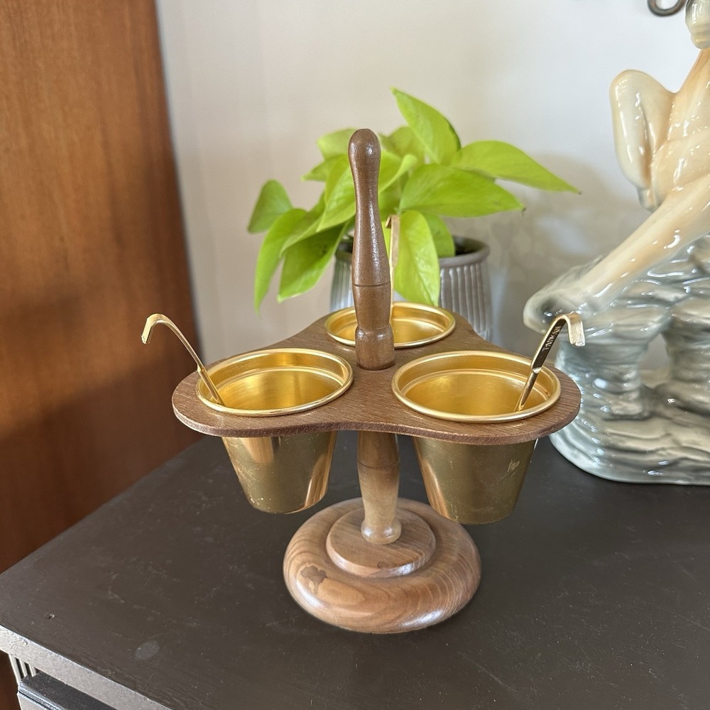 VTG MCM Wood Wooden Condiment Set Server Caddy 3 Aluminum Cups 3 Spoons